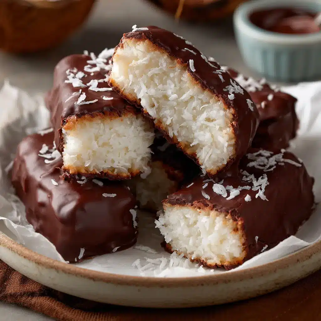 Barres façon Bounty maison enrobées de chocolat et garnies de noix de coco râpée.