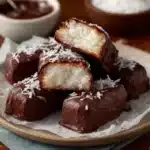 Barres façon Bounty maison enrobées de chocolat et garnies de noix de coco râpée.