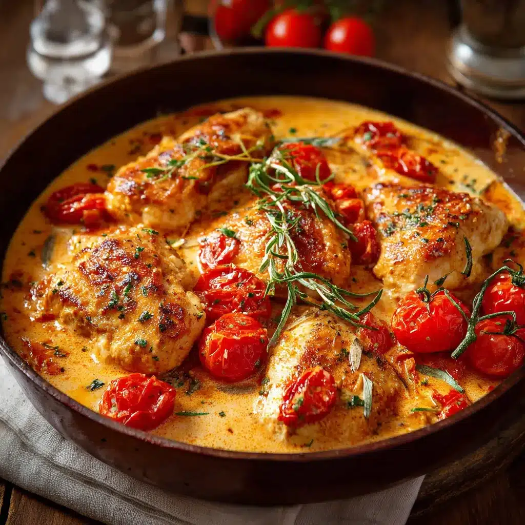 Blancs de poulet dorés nappés d’une sauce tomate crémeuse au paprika, servis dans une poêle garnie de persil frais.
