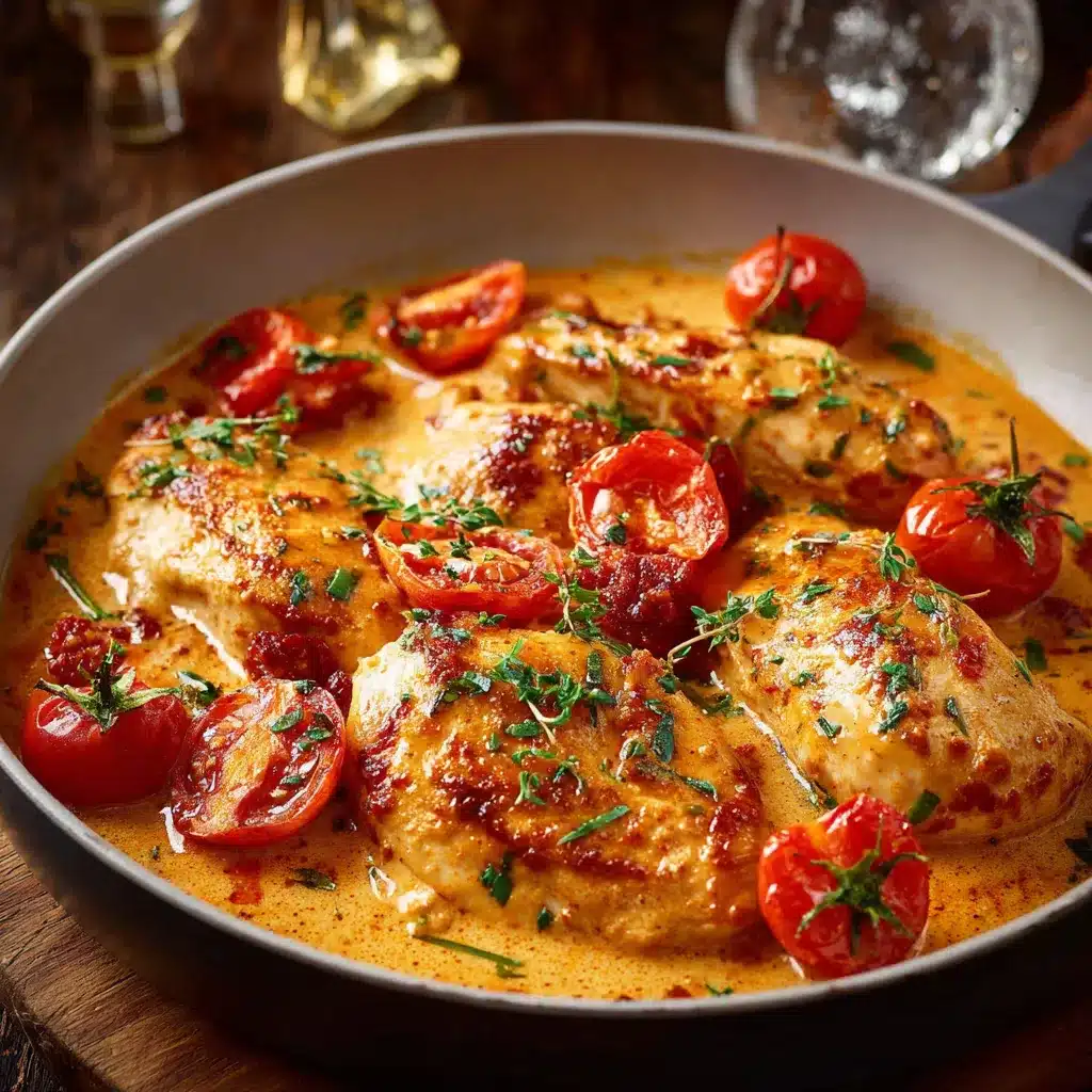Blancs de poulet dorés nappés d’une sauce tomate crémeuse au paprika, servis dans une poêle garnie de persil frais.