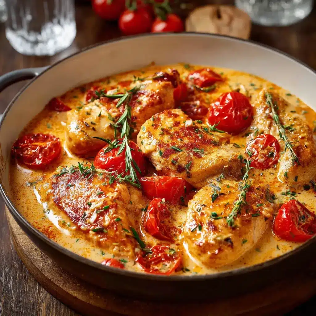 Blancs de poulet dorés nappés d’une sauce tomate crémeuse au paprika, servis dans une poêle garnie de persil frais.