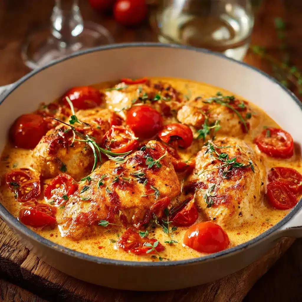 Blancs de poulet dorés nappés d’une sauce tomate crémeuse au paprika, servis dans une poêle garnie de persil frais.