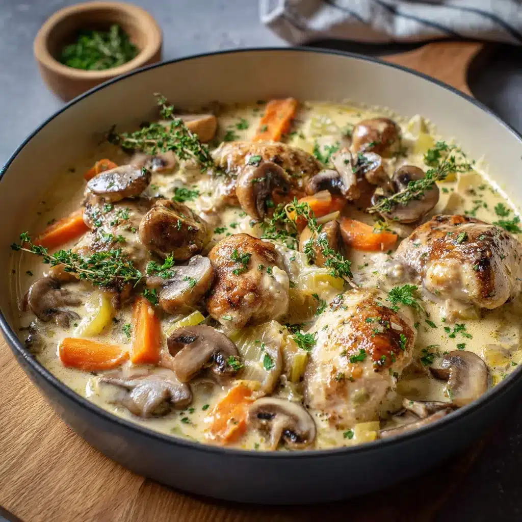 Blanquette de poulet aux champignons servie avec du riz blanc et persil frais