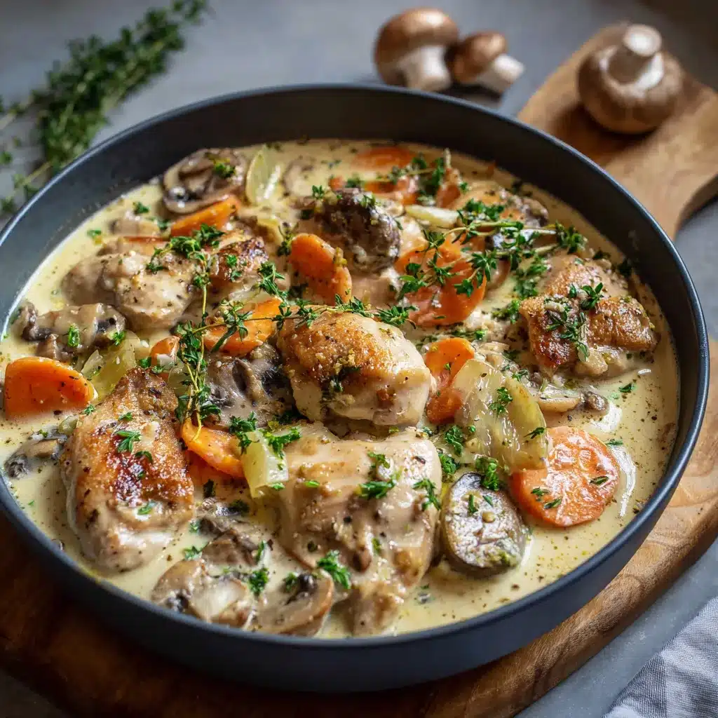 Blanquette de poulet aux champignons servie avec du riz blanc et persil frais
