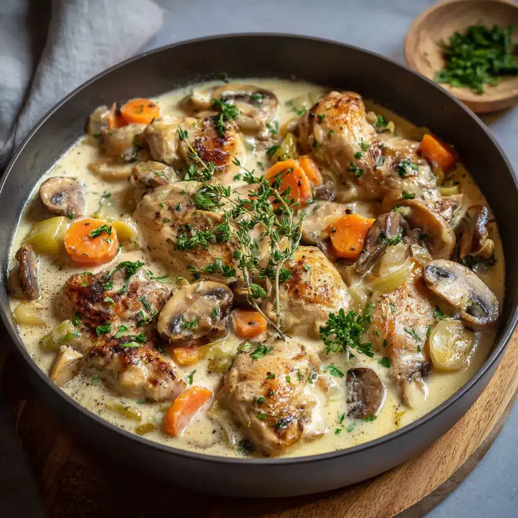 Blanquette de poulet aux champignons servie avec du riz blanc et persil frais