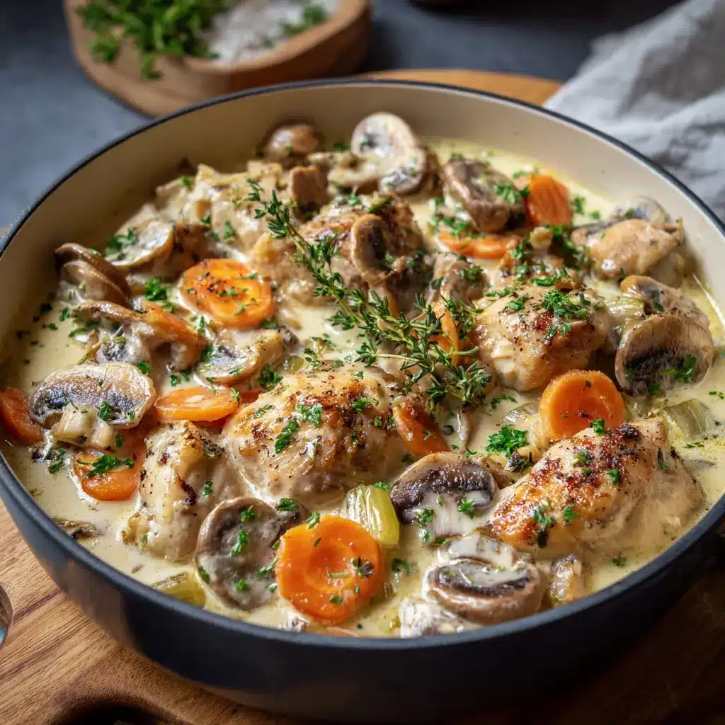 Blanquette de poulet aux champignons servie avec du riz blanc et persil frais