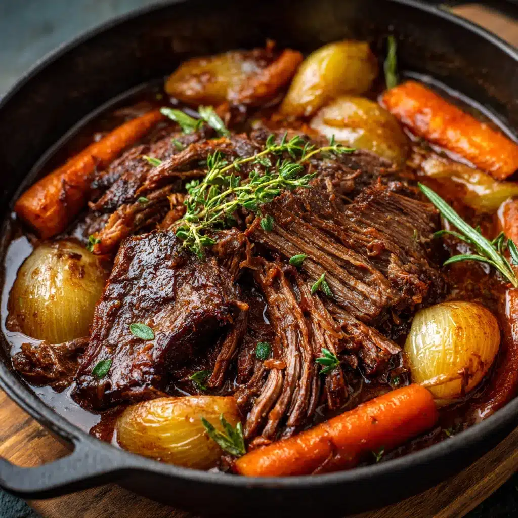 Bœuf effiloché mijoté dans une cocotte avec légumes fondants et jus parfumé
