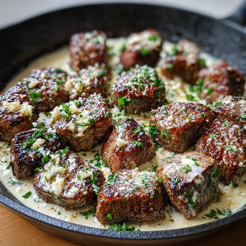 Bouchées de steak au beurre à l’ail nappées de sauce au parmesan dans une poêle