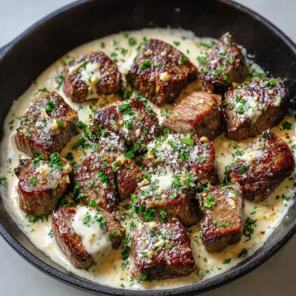 Bouchées de steak au beurre à l’ail nappées de sauce au parmesan dans une poêle