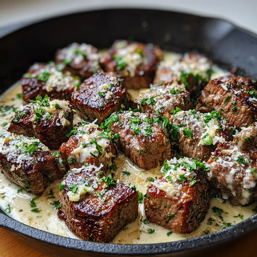 Bouchées de steak au beurre à l’ail nappées de sauce au parmesan dans une poêle