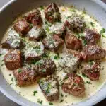 Bouchées de steak au beurre à l’ail nappées de sauce au parmesan dans une poêle