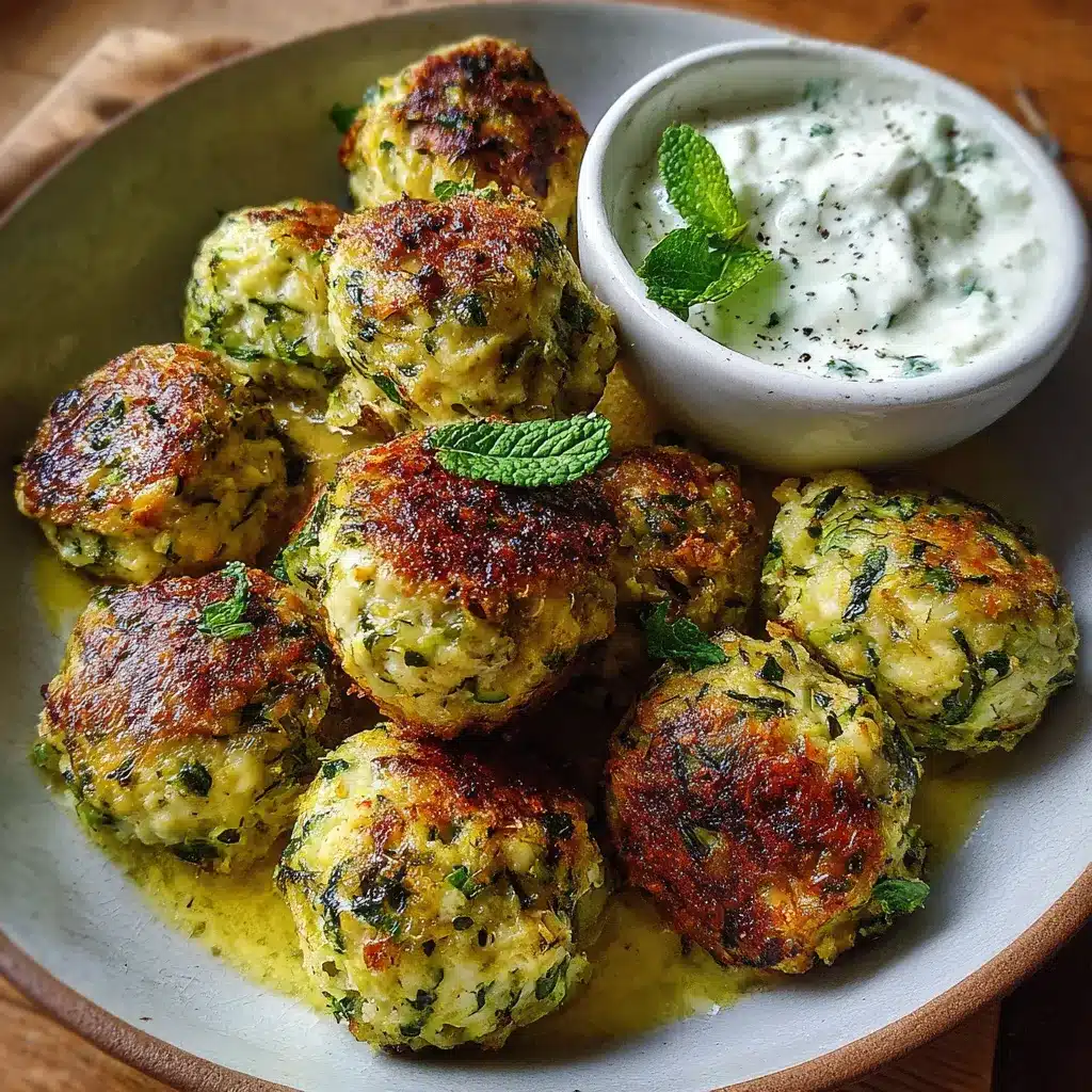 Boulettes de courgettes et feta dorées servies avec une sauce au curry et menthe dans une assiette méditerranéenne.