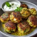 Boulettes de courgettes et feta dorées servies avec une sauce au curry et menthe dans une assiette méditerranéenne.
