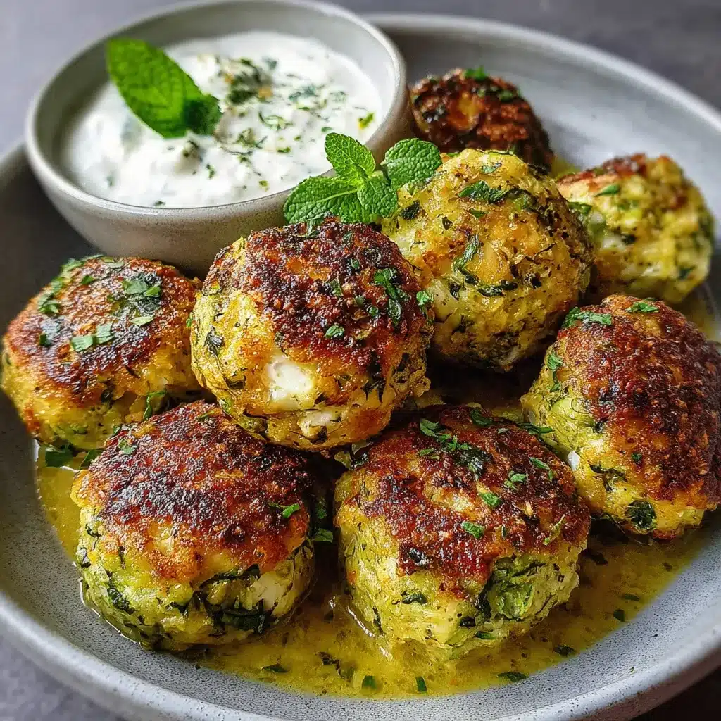 Boulettes de courgettes et feta dorées servies avec une sauce au curry et menthe dans une assiette méditerranéenne.
