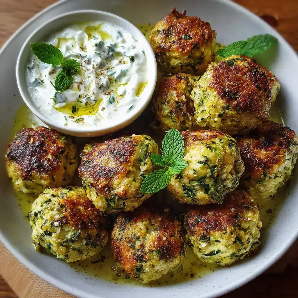 Boulettes de courgettes et feta dorées servies avec une sauce au curry et menthe dans une assiette méditerranéenne.