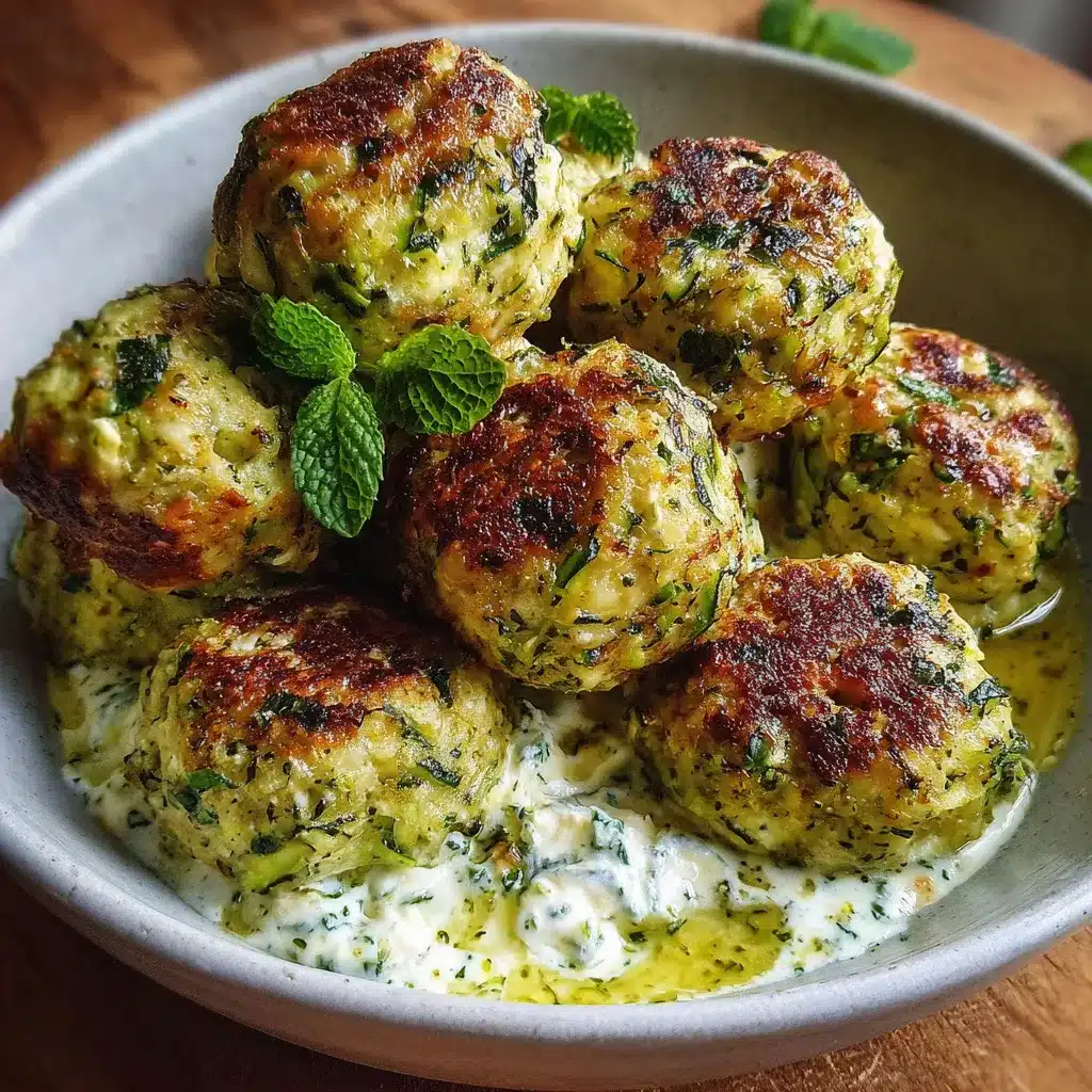 Boulettes de courgettes et feta dorées servies avec une sauce au curry et menthe dans une assiette méditerranéenne.