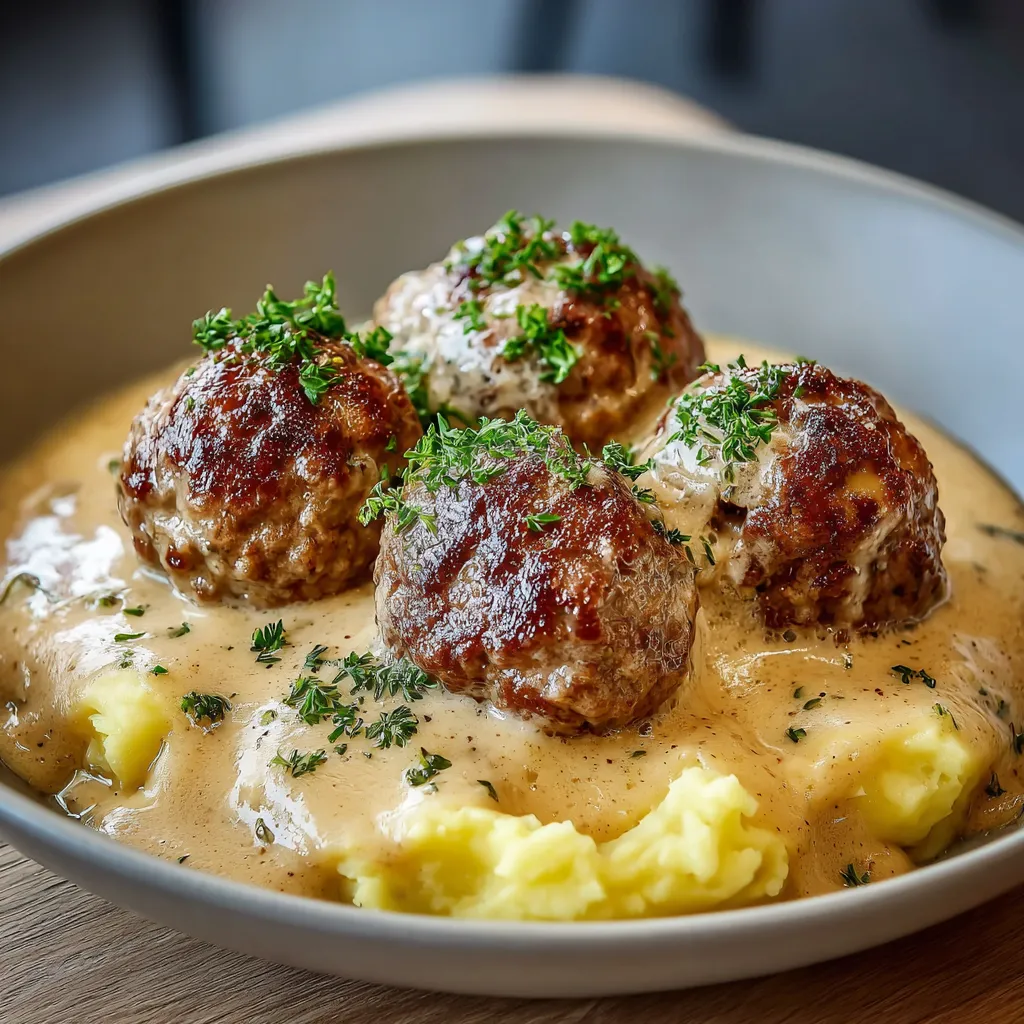 Assiette de boulettes de viande suédoises nappées de sauce crémeuse servies sur une purée de pommes de terre