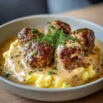 Assiette de boulettes de viande suédoises nappées de sauce crémeuse servies sur une purée de pommes de terre
