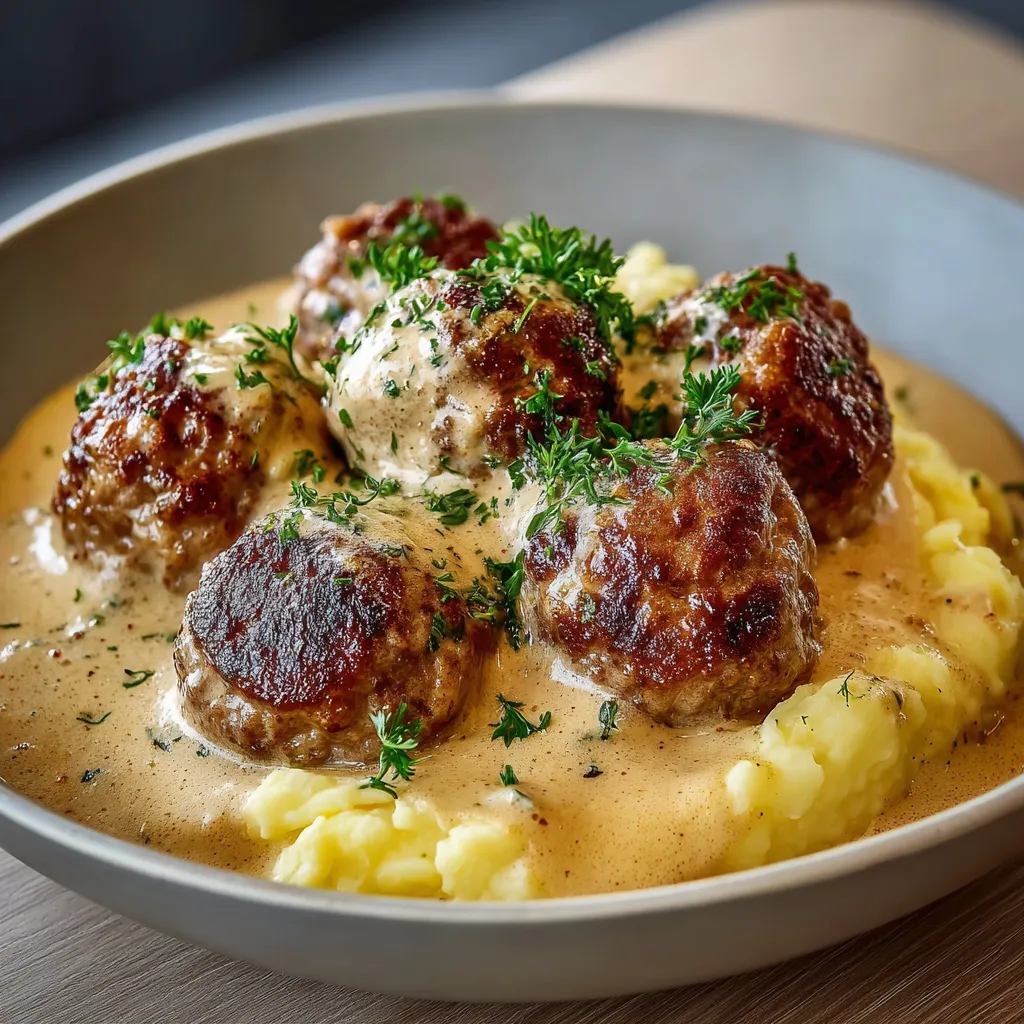 Assiette de boulettes de viande suédoises nappées de sauce crémeuse servies sur une purée de pommes de terre