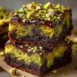 Brownie à la pistache découpé en carrés, garni de pistaches hachées sur le dessus.