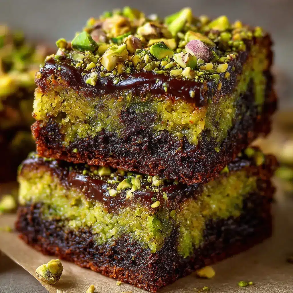 Brownie à la pistache découpé en carrés, garni de pistaches hachées sur le dessus.