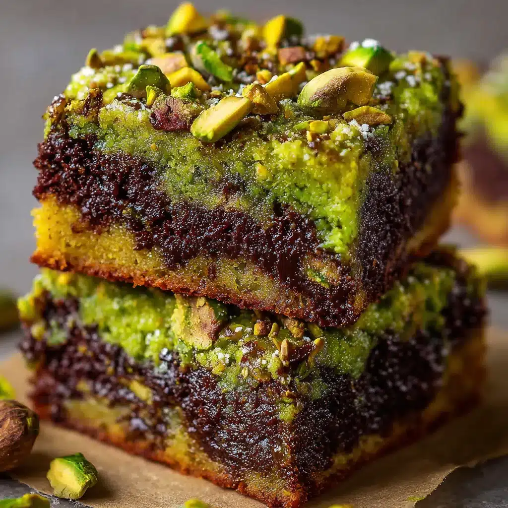 Brownie à la pistache découpé en carrés, garni de pistaches hachées sur le dessus.