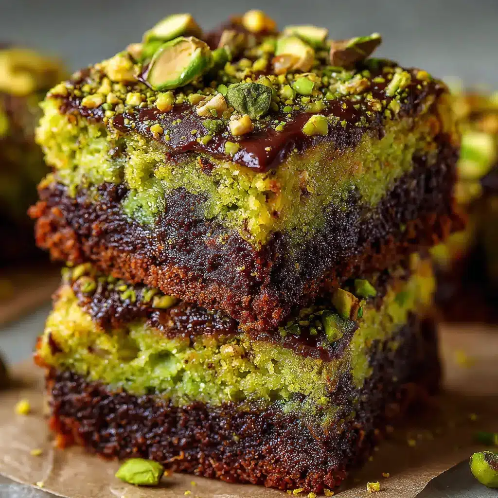 Brownie à la pistache découpé en carrés, garni de pistaches hachées sur le dessus.