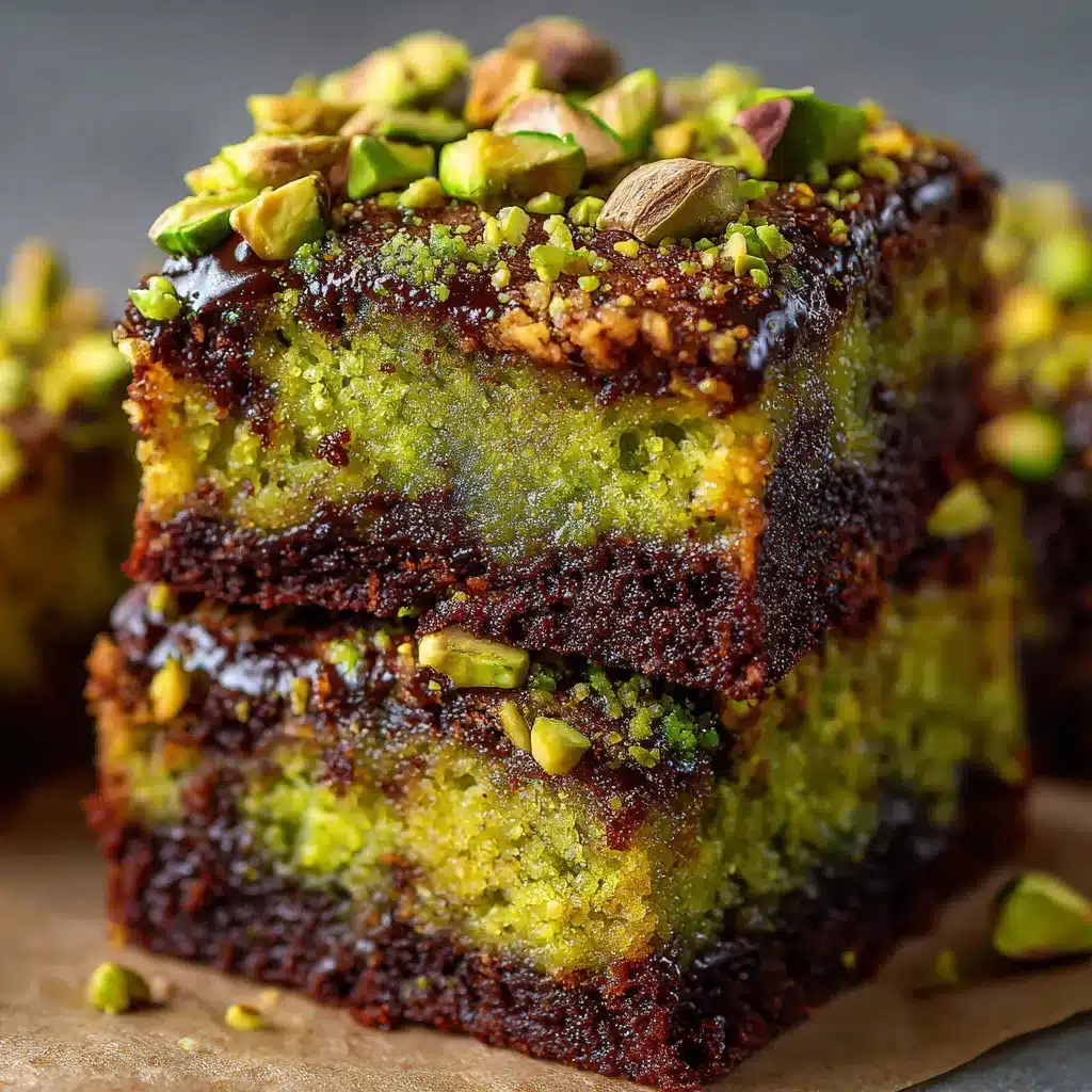 Brownie à la pistache découpé en carrés, garni de pistaches hachées sur le dessus.
