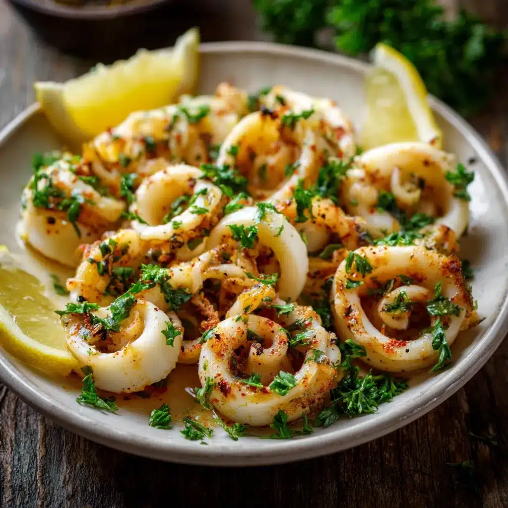 Calamars à la plancha dorés, servis avec persil haché et quartiers de citron