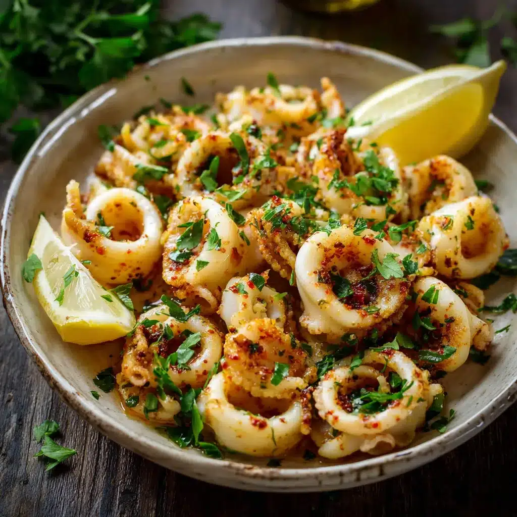 Calamars à la plancha dorés, servis avec persil haché et quartiers de citron