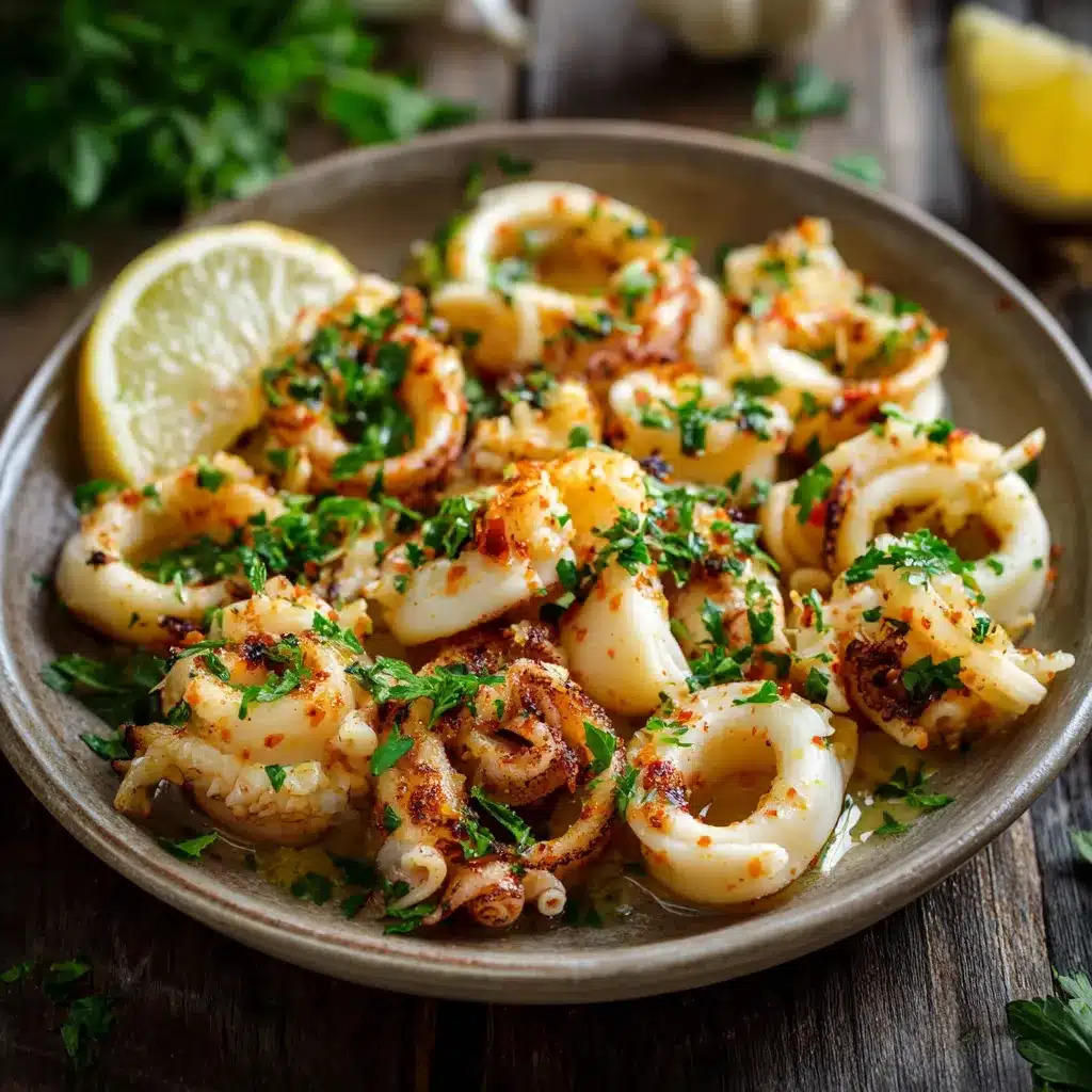 Calamars à la plancha dorés, servis avec persil haché et quartiers de citron
