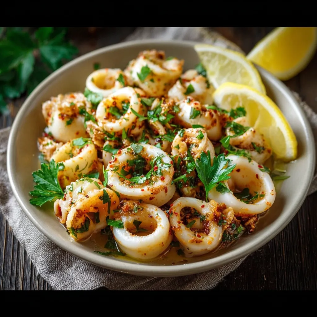 Calamars à la plancha dorés, servis avec persil haché et quartiers de citron