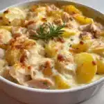 Casserole de pommes de terre et poulet crémeuse servie chaude dans un plat à gratin