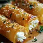 Roulés croustillants de feta nappés de miel épicé, servis sur une assiette blanche