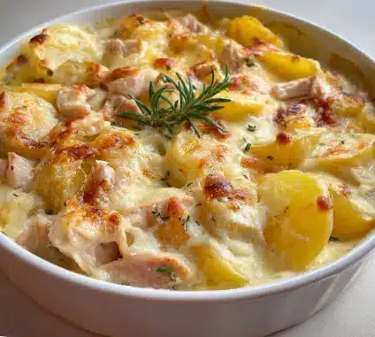Casserole de pommes de terre et poulet crémeuse servie chaude dans un plat à gratin