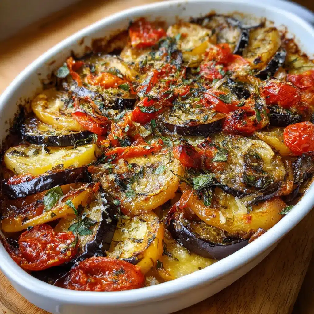 Casserole maison aux aubergines, pommes de terre et tomates, gratinée au fromage