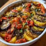 Casserole maison aux aubergines, pommes de terre et tomates, gratinée au fromage