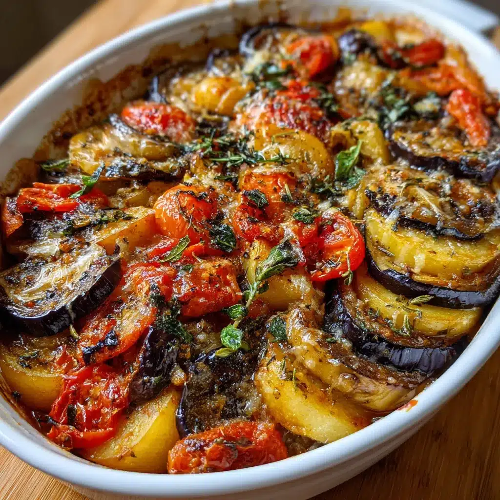 Casserole maison aux aubergines, pommes de terre et tomates, gratinée au fromage