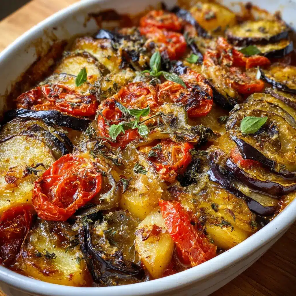Casserole maison aux aubergines, pommes de terre et tomates, gratinée au fromage