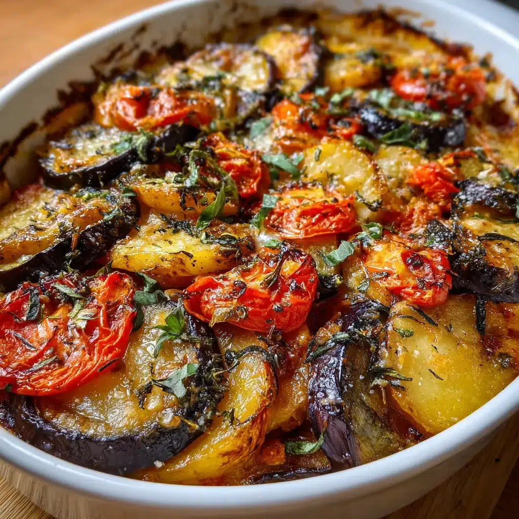 Casserole maison aux aubergines, pommes de terre et tomates, gratinée au fromage