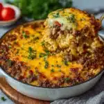 Plat gratiné de casserole de bœuf haché et riz au fromage doré au four