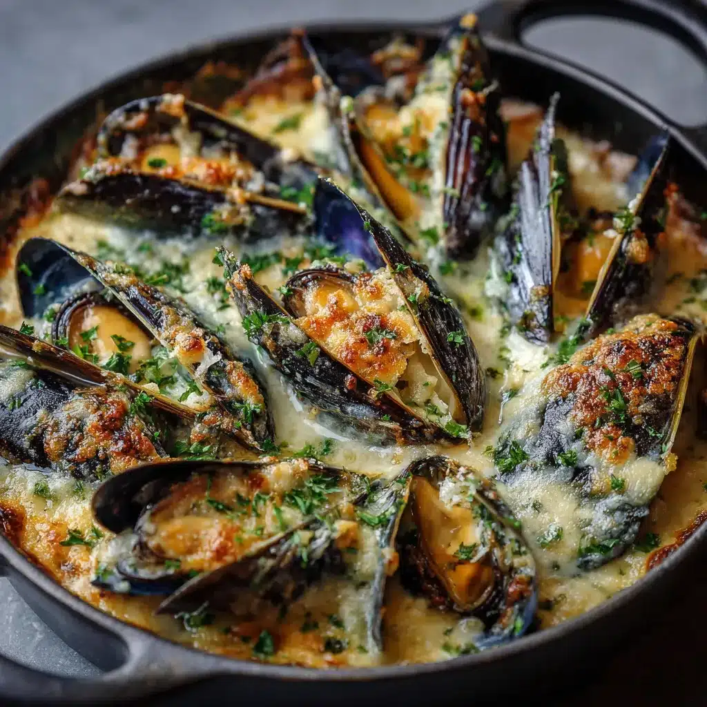 Cassolettes individuelles garnies de moules, nappées de crème au comté et gratinées au four.