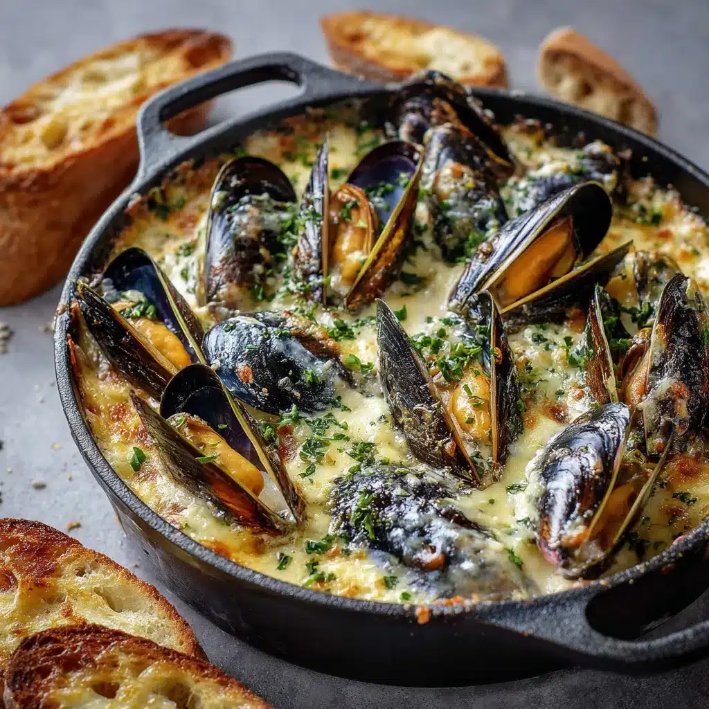 Cassolettes individuelles garnies de moules, nappées de crème au comté et gratinées au four.