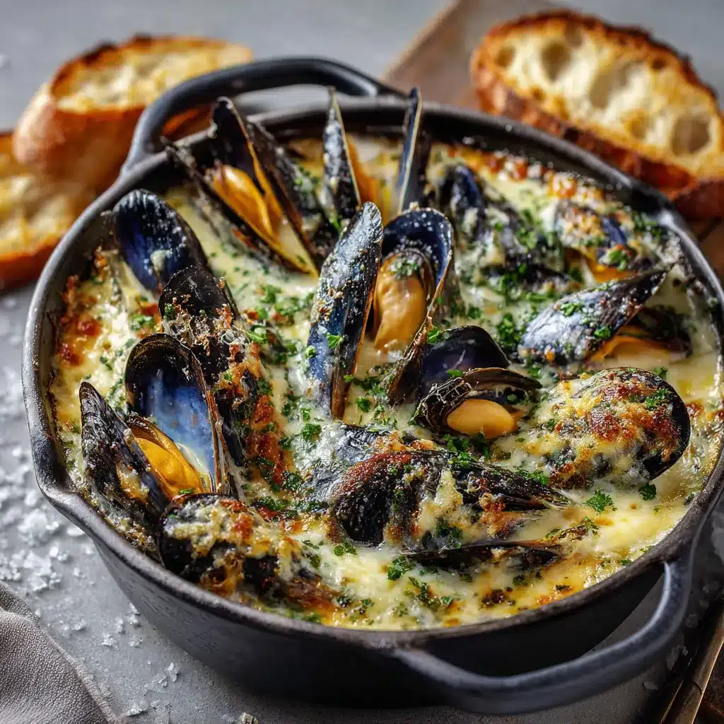 Cassolettes individuelles garnies de moules, nappées de crème au comté et gratinées au four.