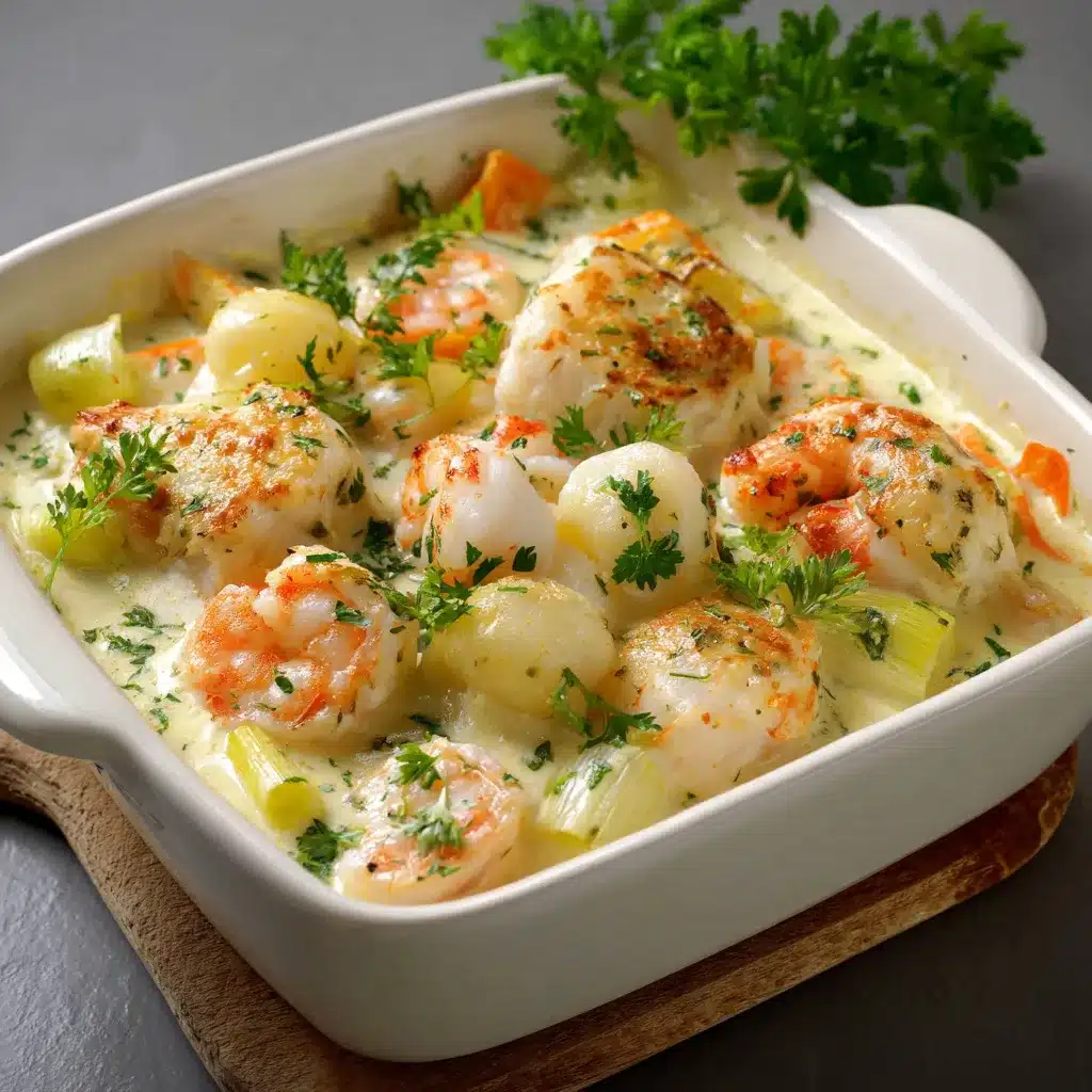 Cassolette de poissons maison, servie dans une cocotte, garnie de persil frais