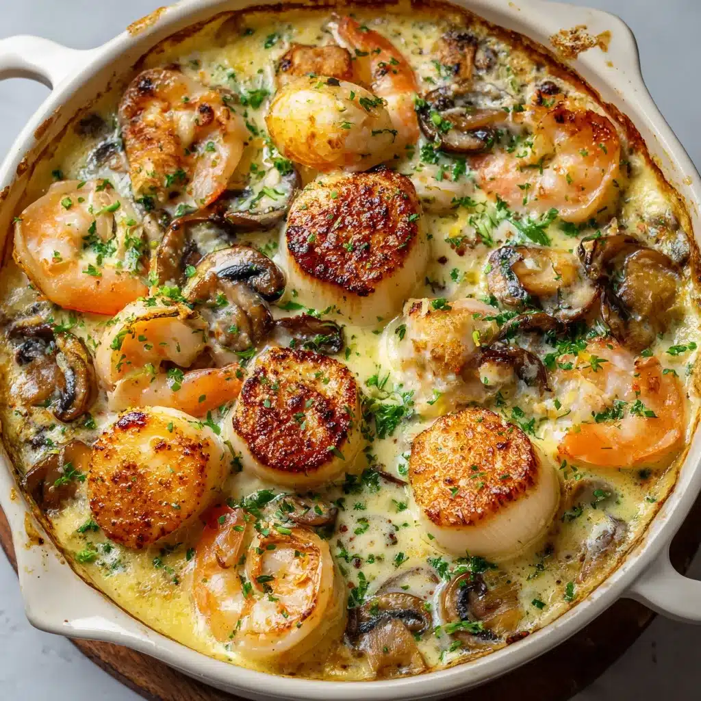 Cassolette de la mer aux Saint-Jacques, champignons et crevettes gratinée au four, servie chaude et crémeuse.
