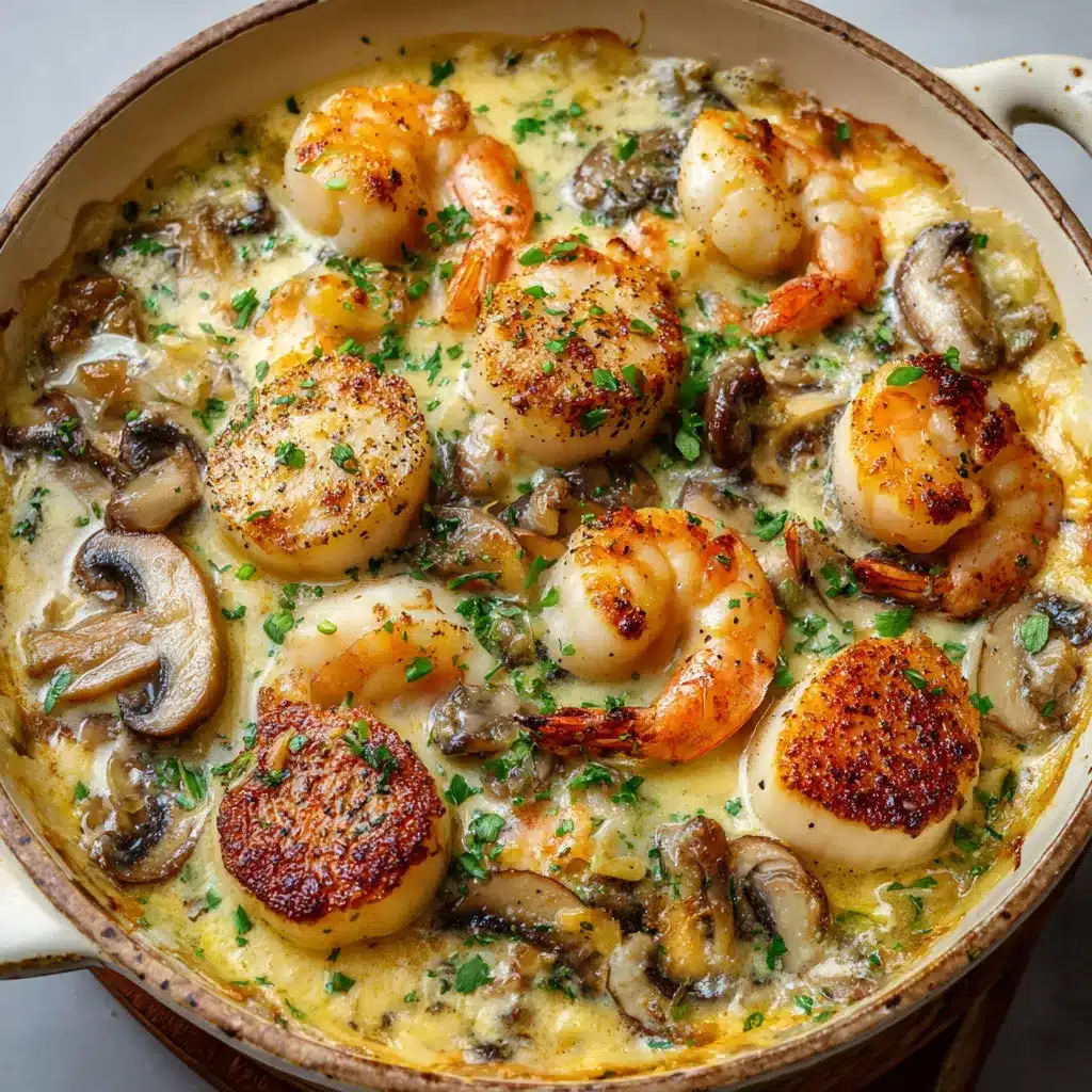 Cassolette de la mer aux Saint-Jacques, champignons et crevettes gratinée au four, servie chaude et crémeuse.