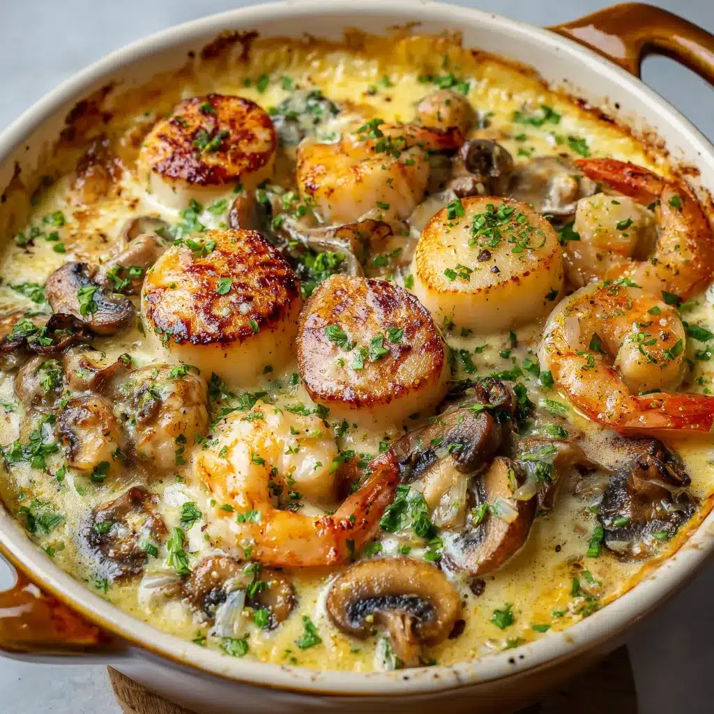 Cassolette de la mer aux Saint-Jacques, champignons et crevettes gratinée au four, servie chaude et crémeuse.