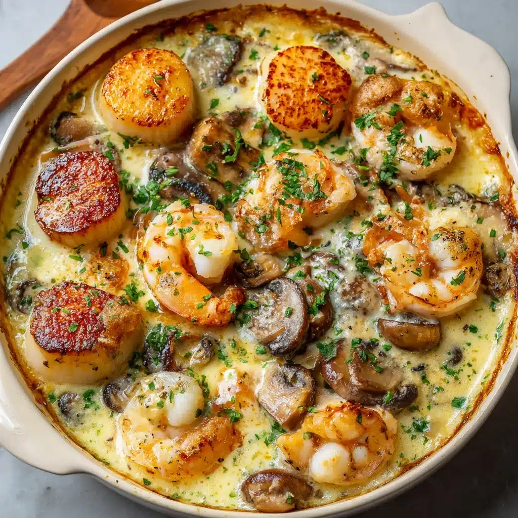 Cassolette de la mer aux Saint-Jacques, champignons et crevettes gratinée au four, servie chaude et crémeuse.