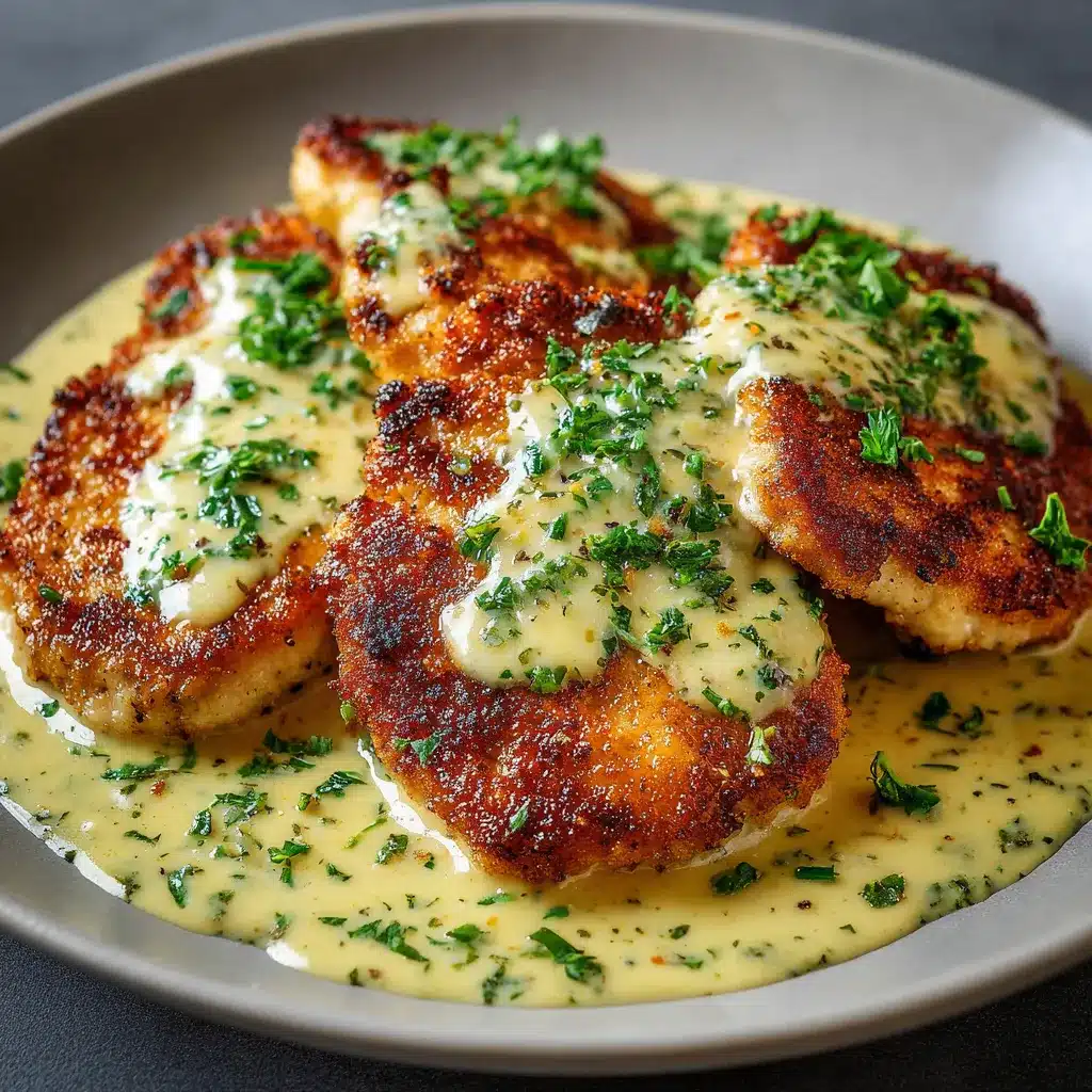 Escalopes de poulet nappées de sauce moutarde crémeuse dans une poêle